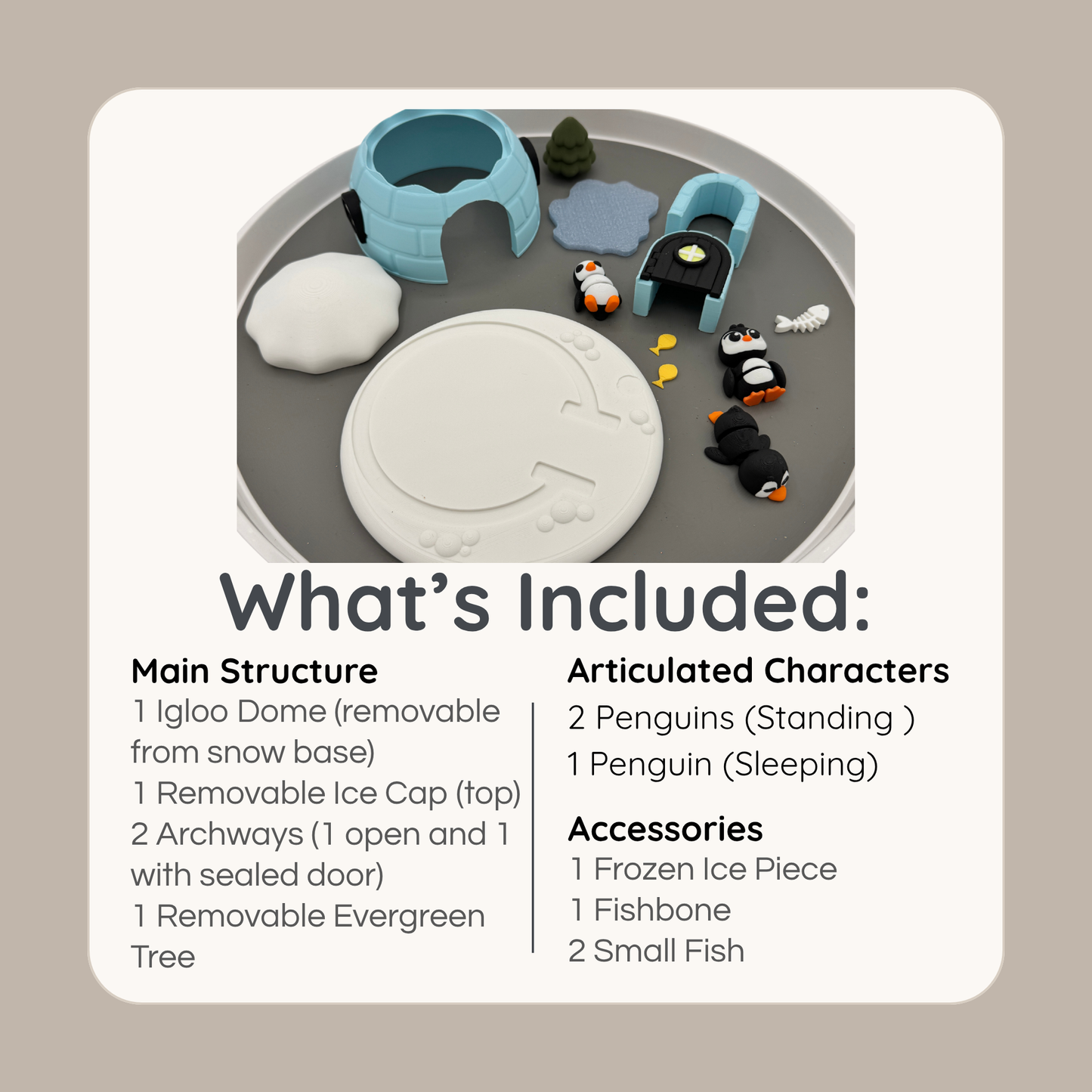 All pieces included in penguin igloo winter play set including igloo, penguins, tree, and accessories