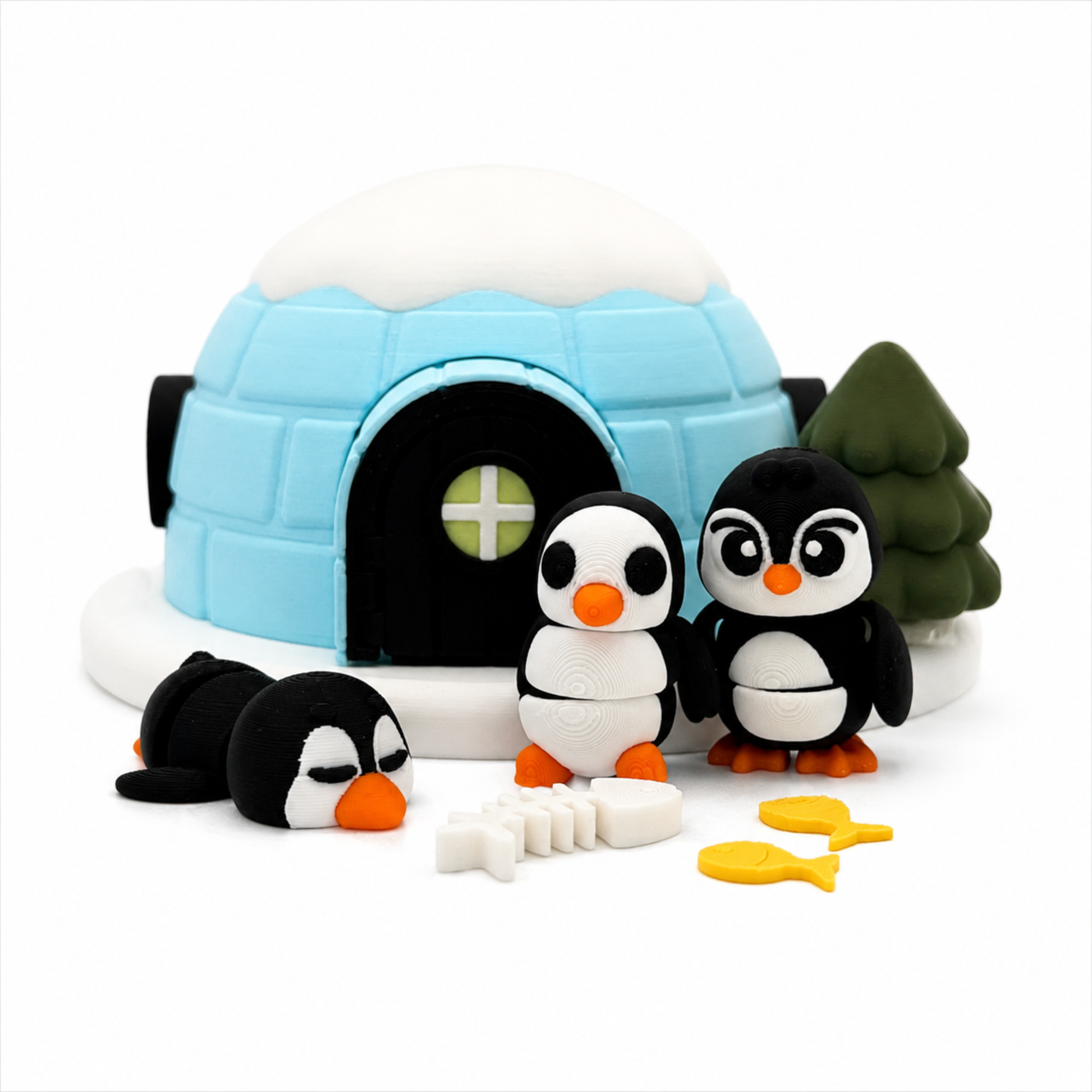 Close-up of the Penguin & Igloo Winter Play Set highlighting detailed miniature penguins, igloo, fish, tree, and winter sensory accessories for imaginative play.