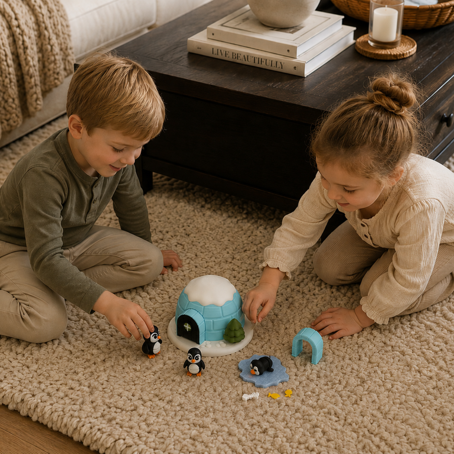 Children playing together with the Penguin & Igloo Winter Play Set on the floor, promoting cooperative play, speech and language development, sensory exploration, and imaginative learning.