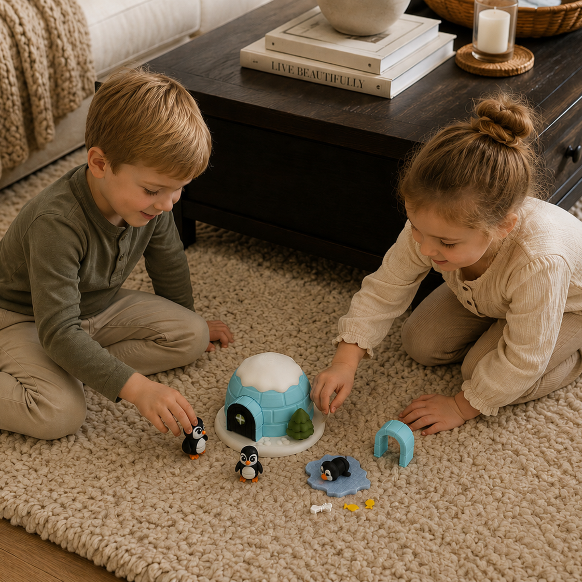 Children playing together with the Penguin & Igloo Winter Play Set on the floor, promoting cooperative play, speech and language development, sensory exploration, and imaginative learning.