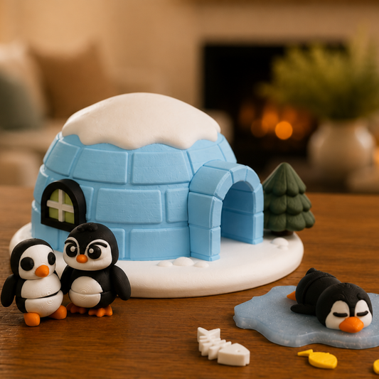 Penguin & Igloo Winter Play Set for sensory play, speech therapy, and imaginative storytelling with miniature penguins, igloo, tree, fish, and ice pieces in a cozy winter home.
