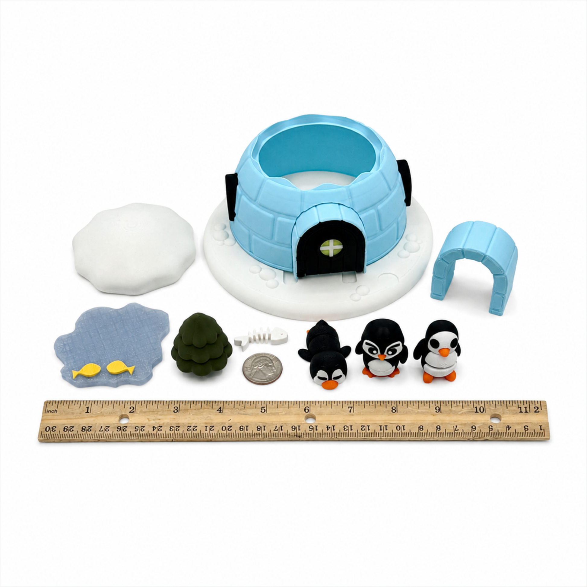 Penguin & Igloo Winter Play Set shown with ruler for size reference, including miniature igloo, penguins, winter accessories, and sensory play pieces.
