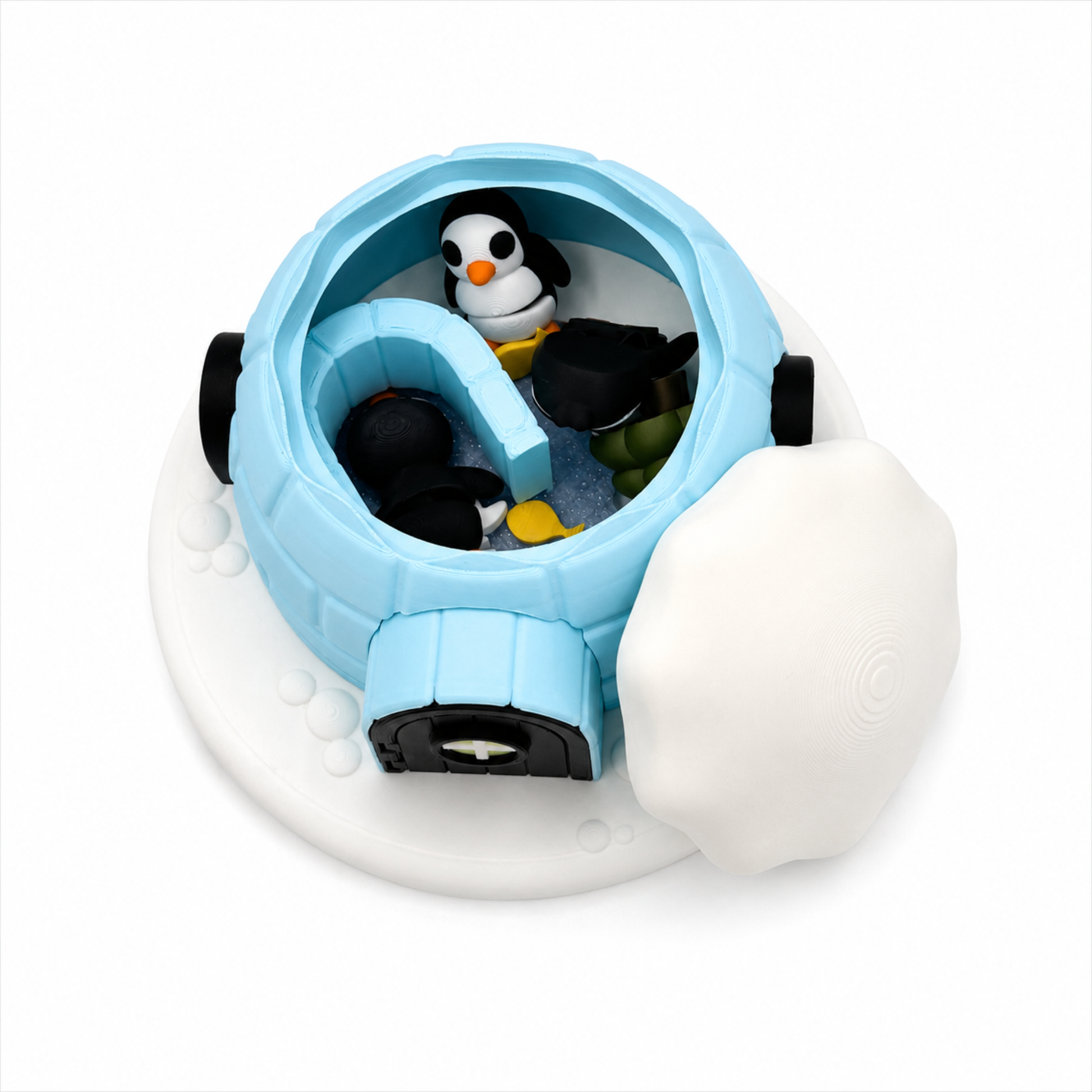 Close-up of the Penguin & Igloo Winter Play Set highlighting storage for the detailed miniature penguins, igloo, fish, tree, and winter sensory accessories for imaginative play.