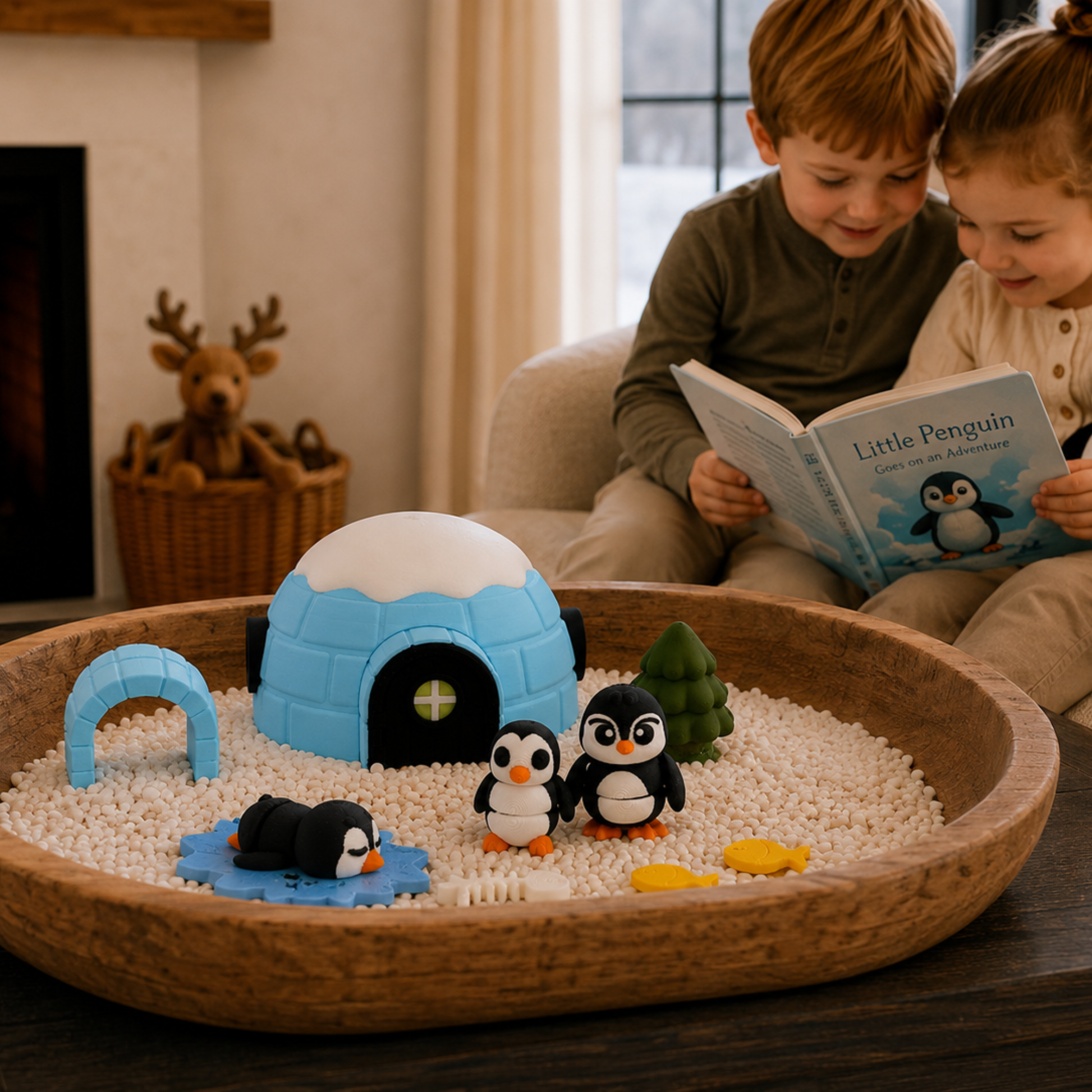 Children reading together beside the Penguin & Igloo Winter Play Set in a winter sensory tray, encouraging story retelling, vocabulary development, imaginative play, and family literacy.
