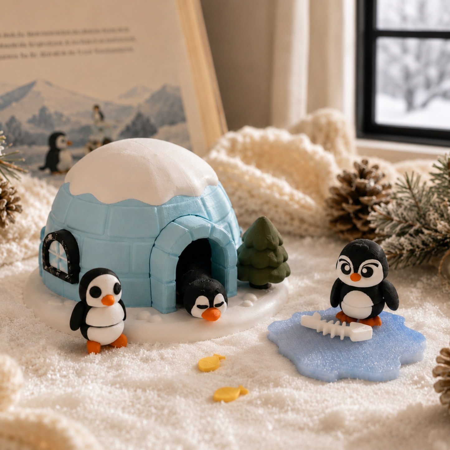 Penguin & Igloo Winter Play Set displayed in a snowy storybook-inspired winter scene for imaginative play, book companions, sensory learning, and language development.