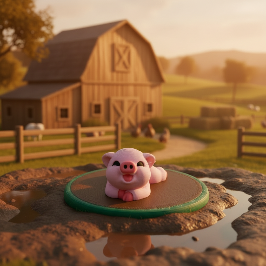 Pig and mud spot miniature placed in a farm play scene, hands-on pretend play and sensory activity