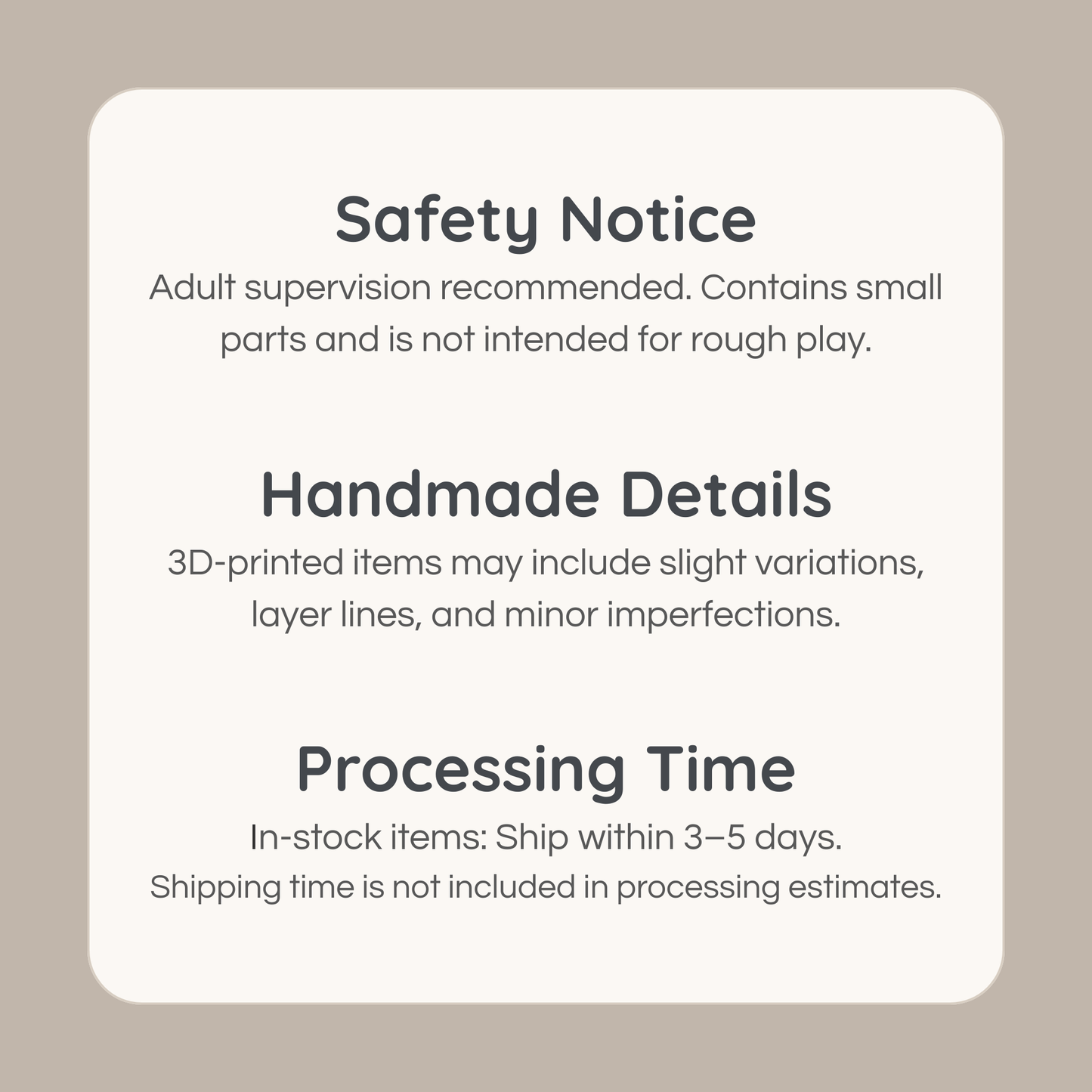 Safety information and handmade details for 3D printed penguin igloo play set