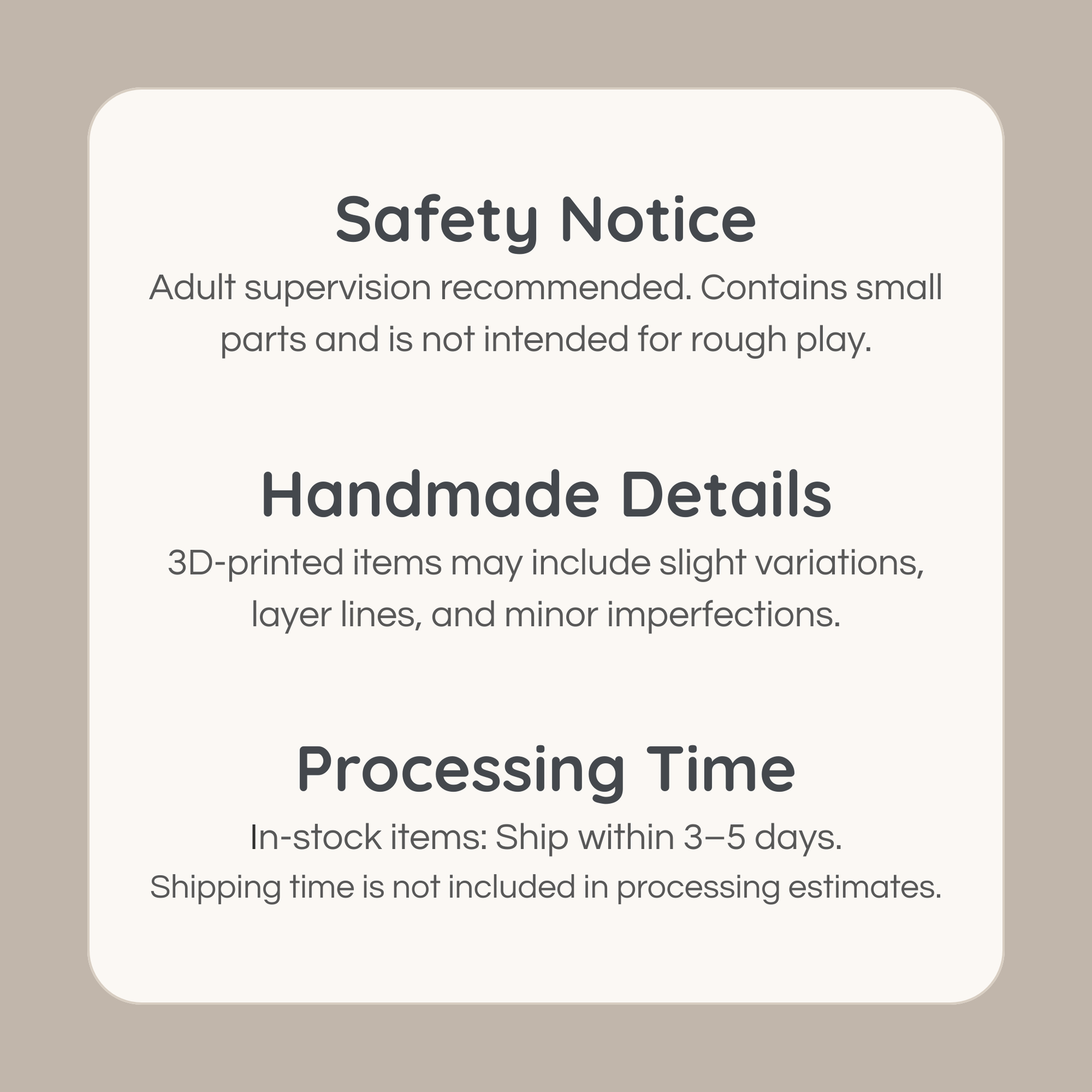 Safety information and handmade details for 3D printed penguin igloo play set