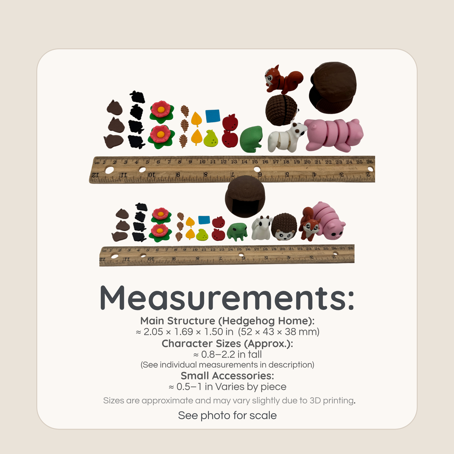 Size comparison of hedgehog miniature figures and accessories with ruler showing dimensions and scale