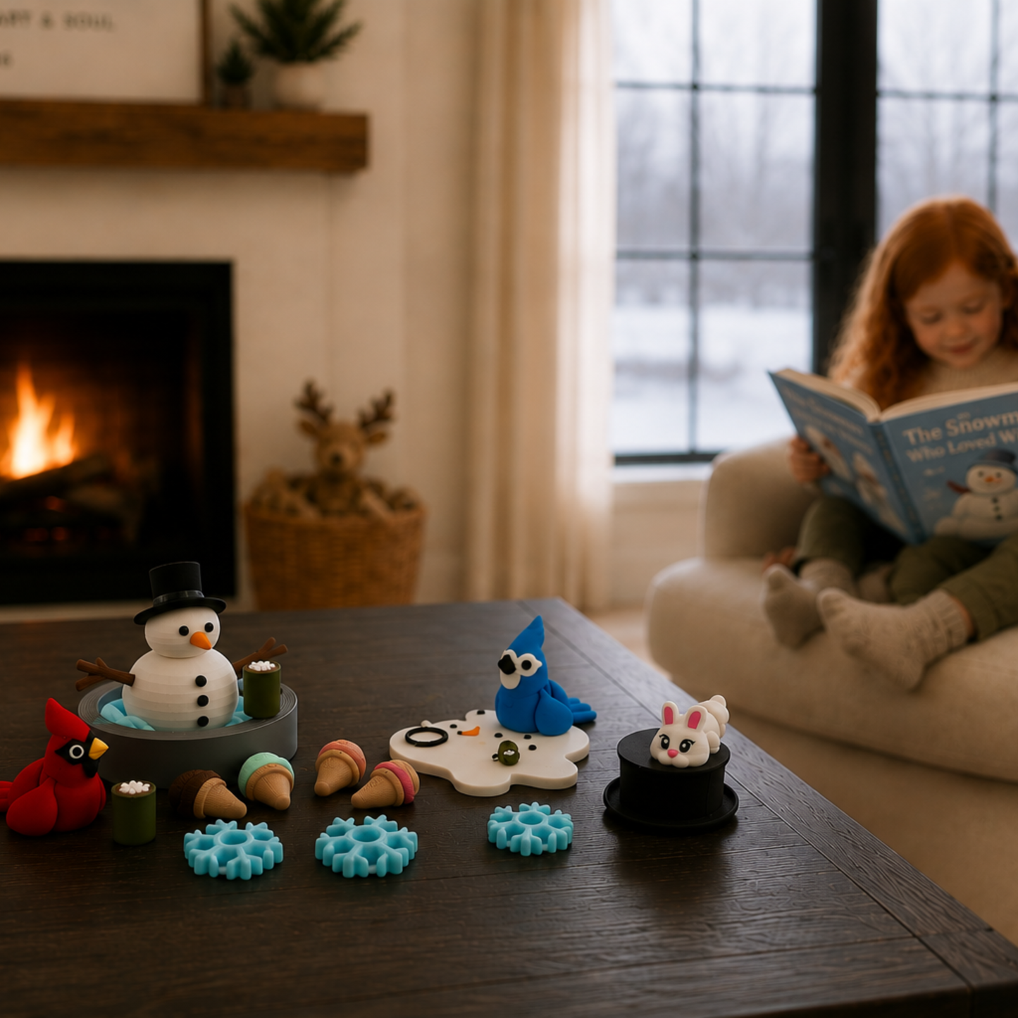 Child reading a winter story while exploring a snowman sensory play set with miniature characters and accessories to support story comprehension, language development, and imaginative play.