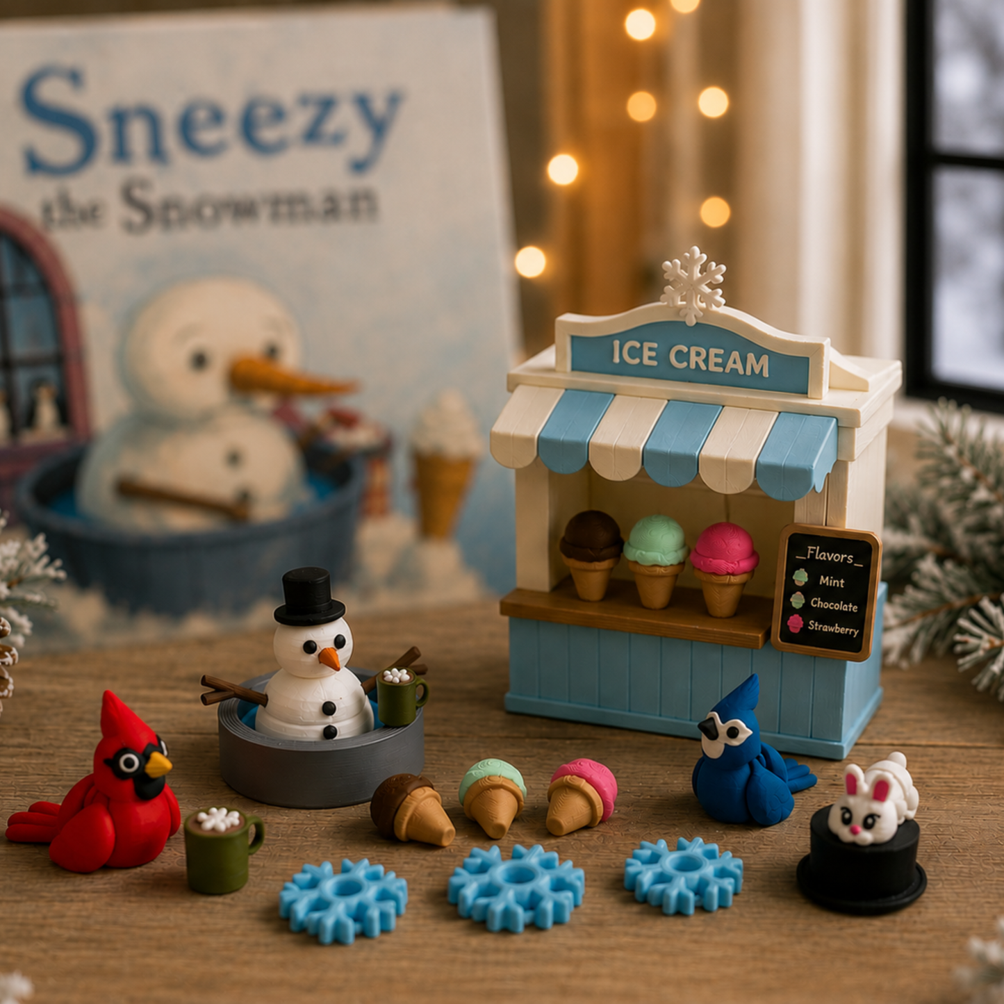 Winter snowman sensory play set paired with The Sneezy Snowman book to encourage story retelling, vocabulary development, imaginative play, and speech-language learning.
