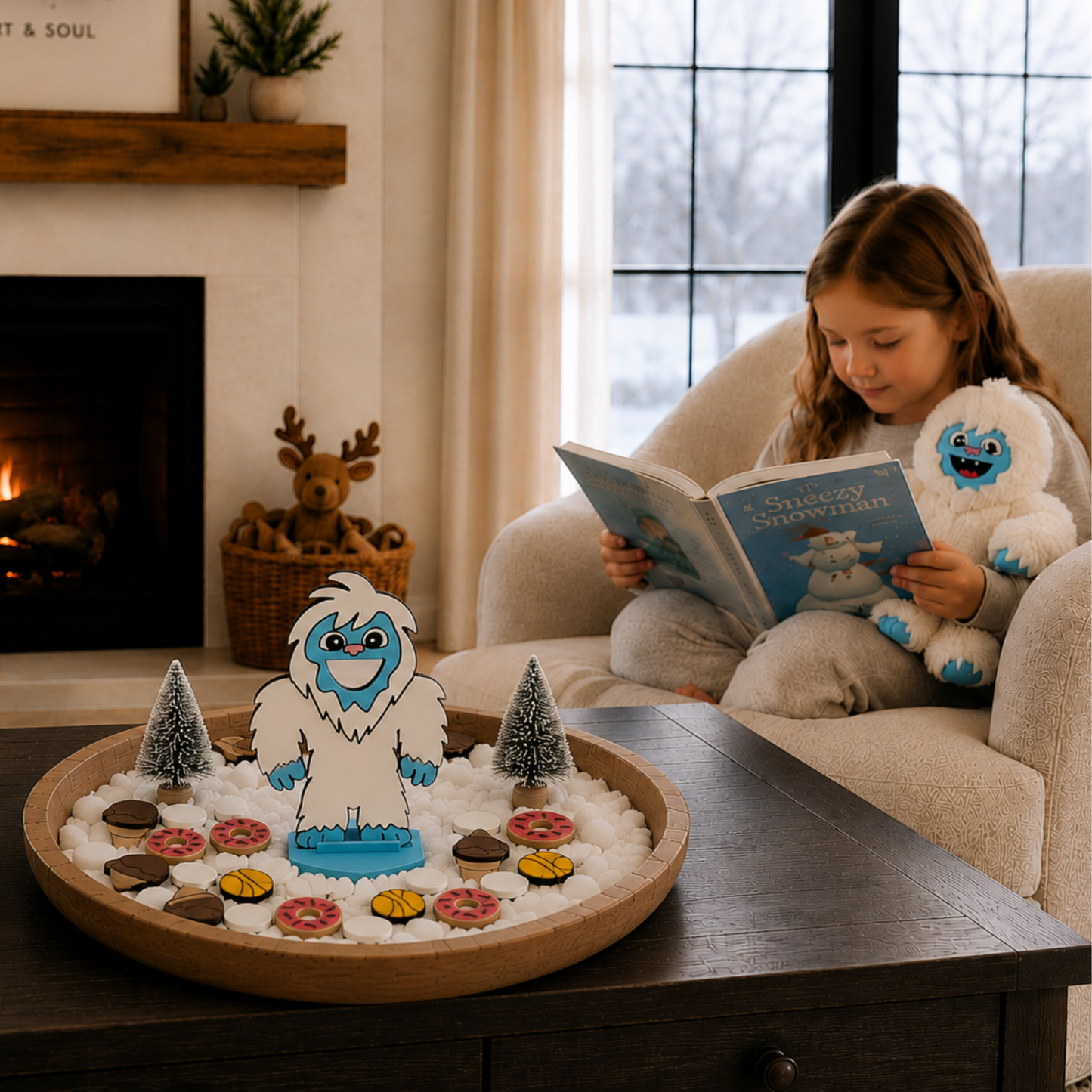 Child reading a winter story while using the Feed the Yeti speech therapy game for interactive book companion activities