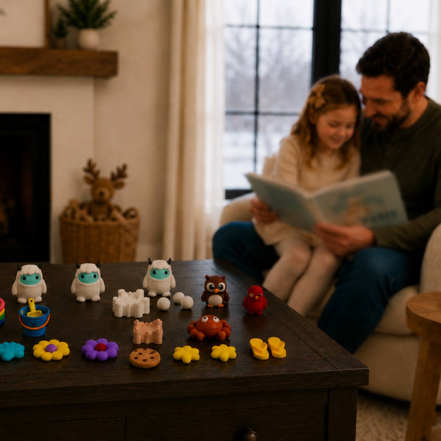 Family reading together while exploring the Yeti & Friends sensory play set to support story comprehension, speech therapy activities, and creative storytelling.