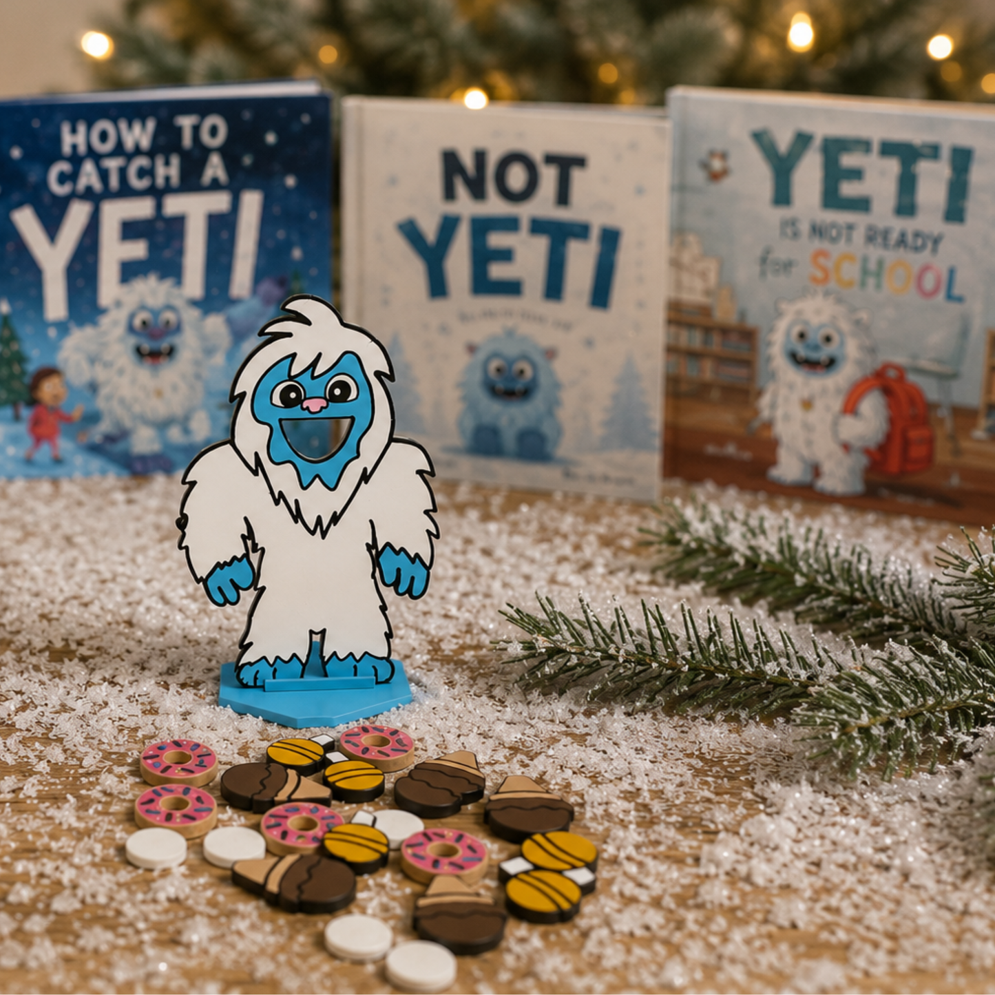 Feed the Yeti miniature game displayed in a cozy winter storybook setting with children's yeti books in the background