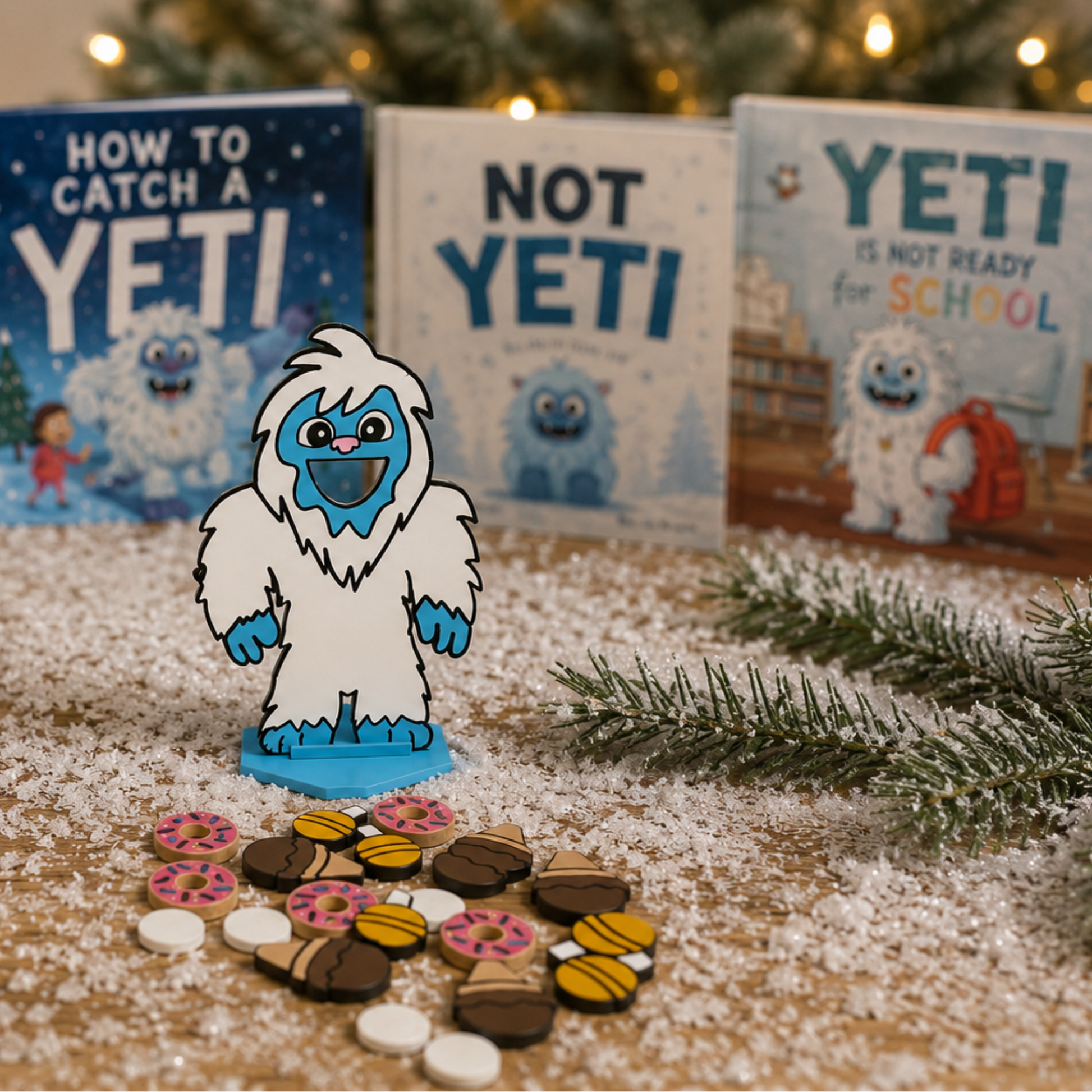 Feed the Yeti miniature game displayed in a cozy winter storybook setting with children's yeti books in the background
