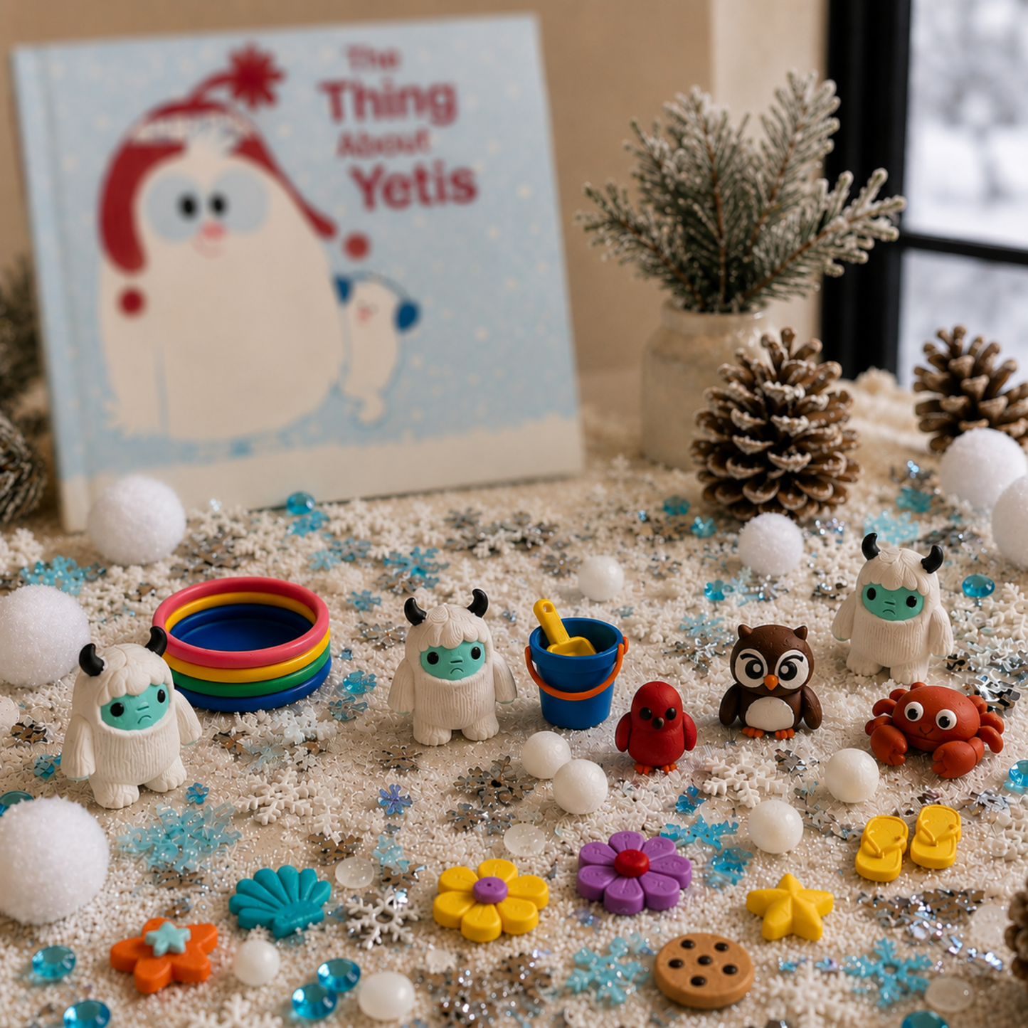 Yeti & Friends sensory play set paired with The Thing About Yetis storybook to encourage story retelling, vocabulary development, imaginative play, and language learning.