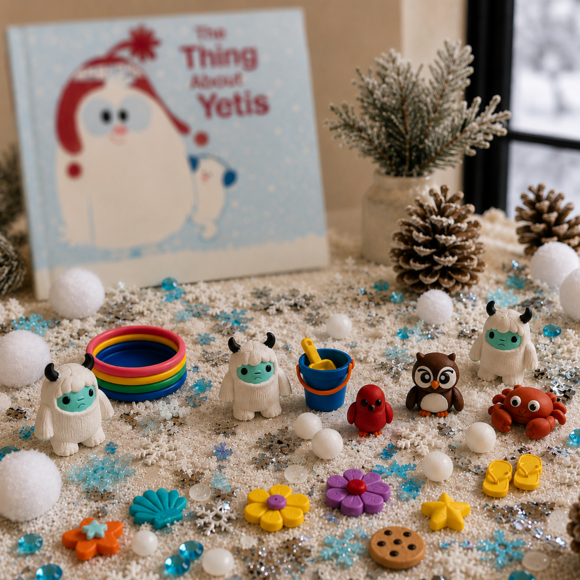 Yeti & Friends sensory play set paired with The Thing About Yetis storybook to encourage story retelling, vocabulary development, imaginative play, and language learning.