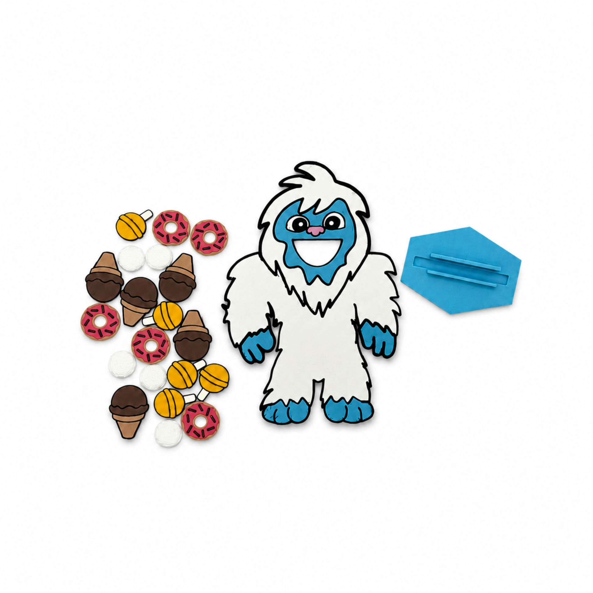 Everything included in the Feed the Yeti speech therapy game with 20 miniature food pieces, yeti stand, and yeti.