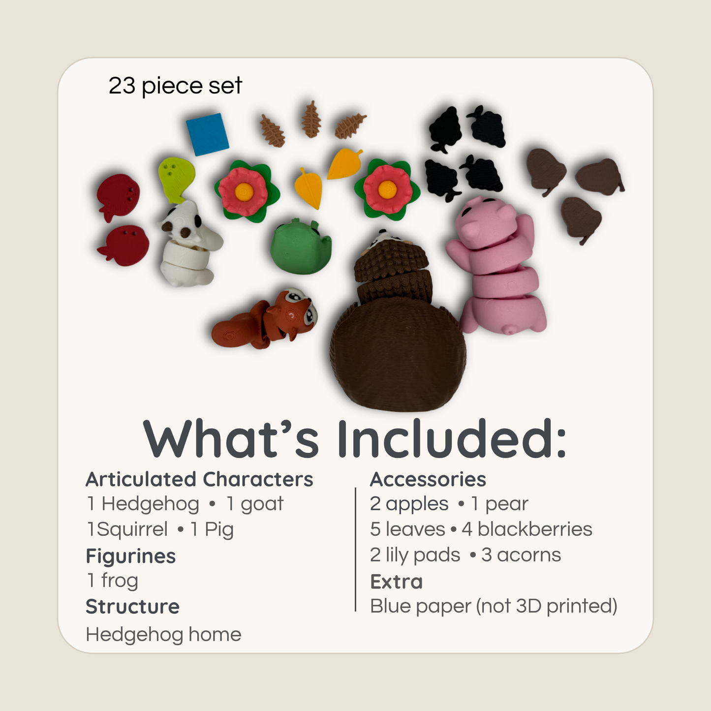 Hedgehog and Friends miniature set contents including animals, hedgehog house, apples, leaves, and accessories