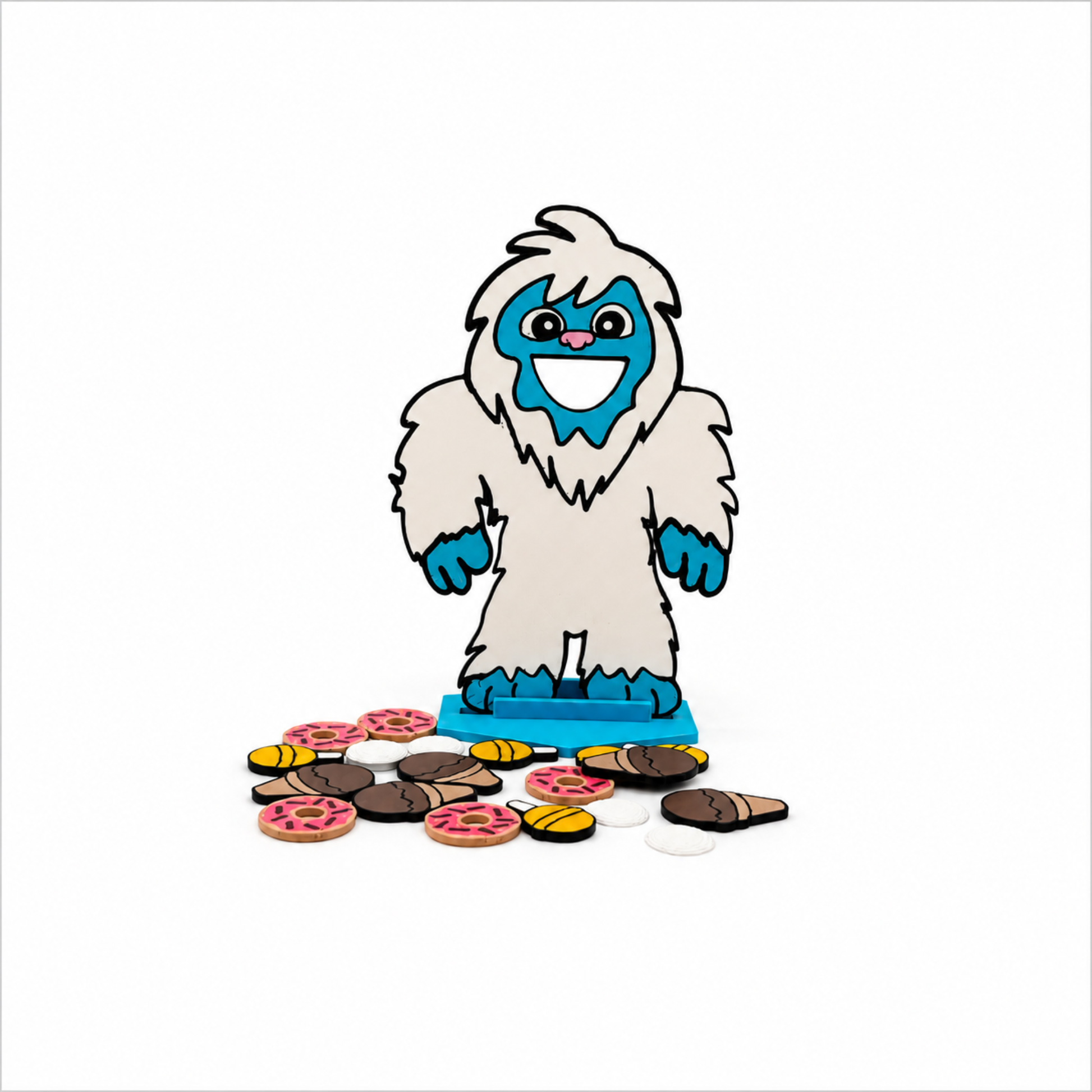 Feed the Yeti miniature speech therapy game including yeti, donuts, ice cream cones, lollipops, snowballs and blue standing base
