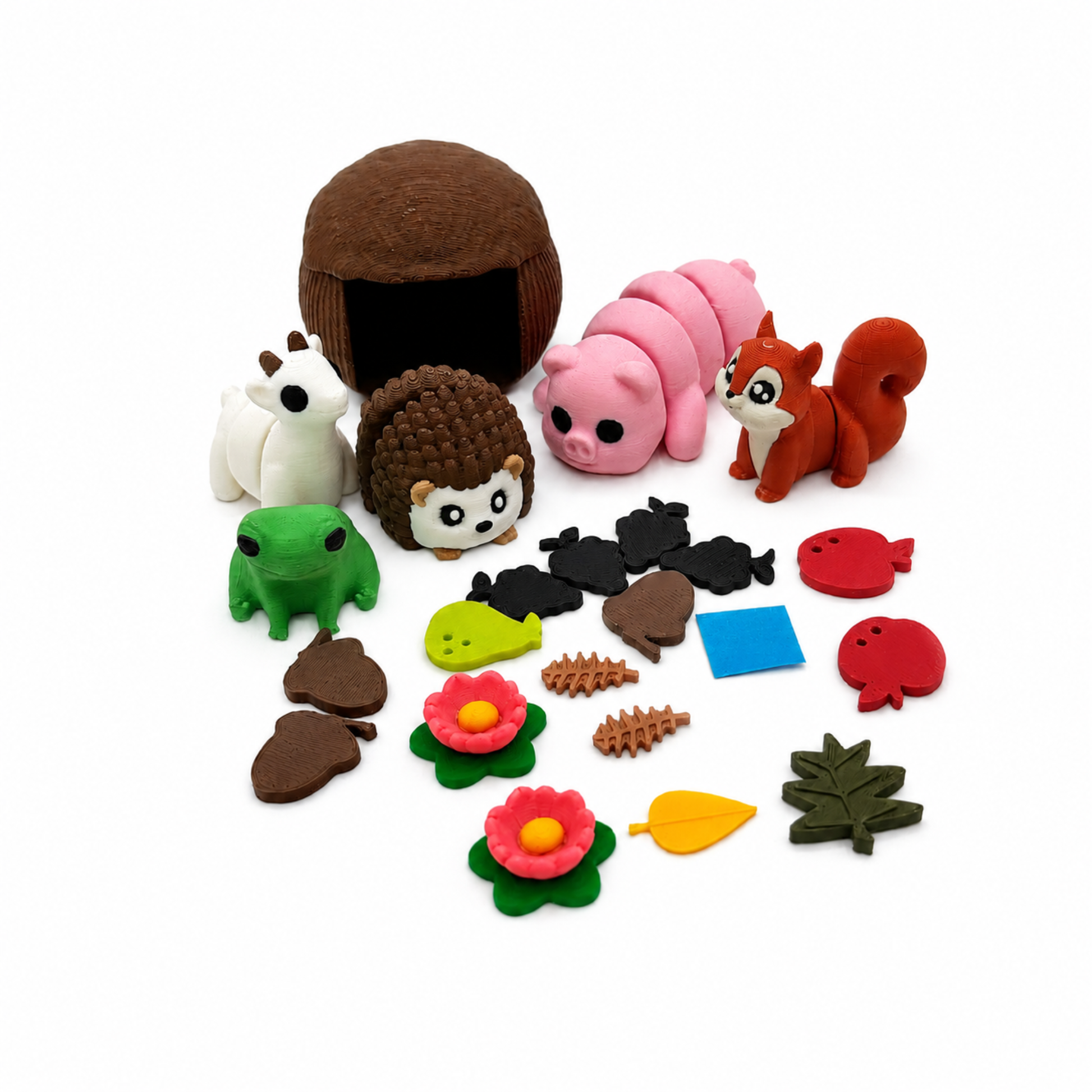 BriteBerry Hedgehog and Friends woodland play set with hedgehog, frog, squirrel, pig, goat, hut, flowers, leaves, and story pieces.
