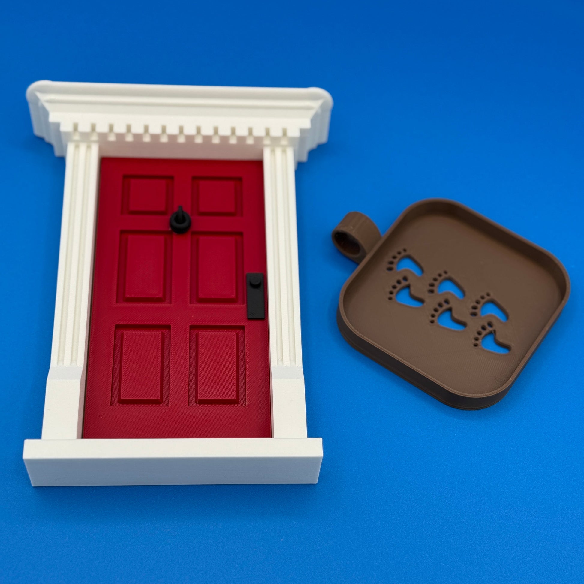Elf miniature red traditional door with white frame and footprint stencil