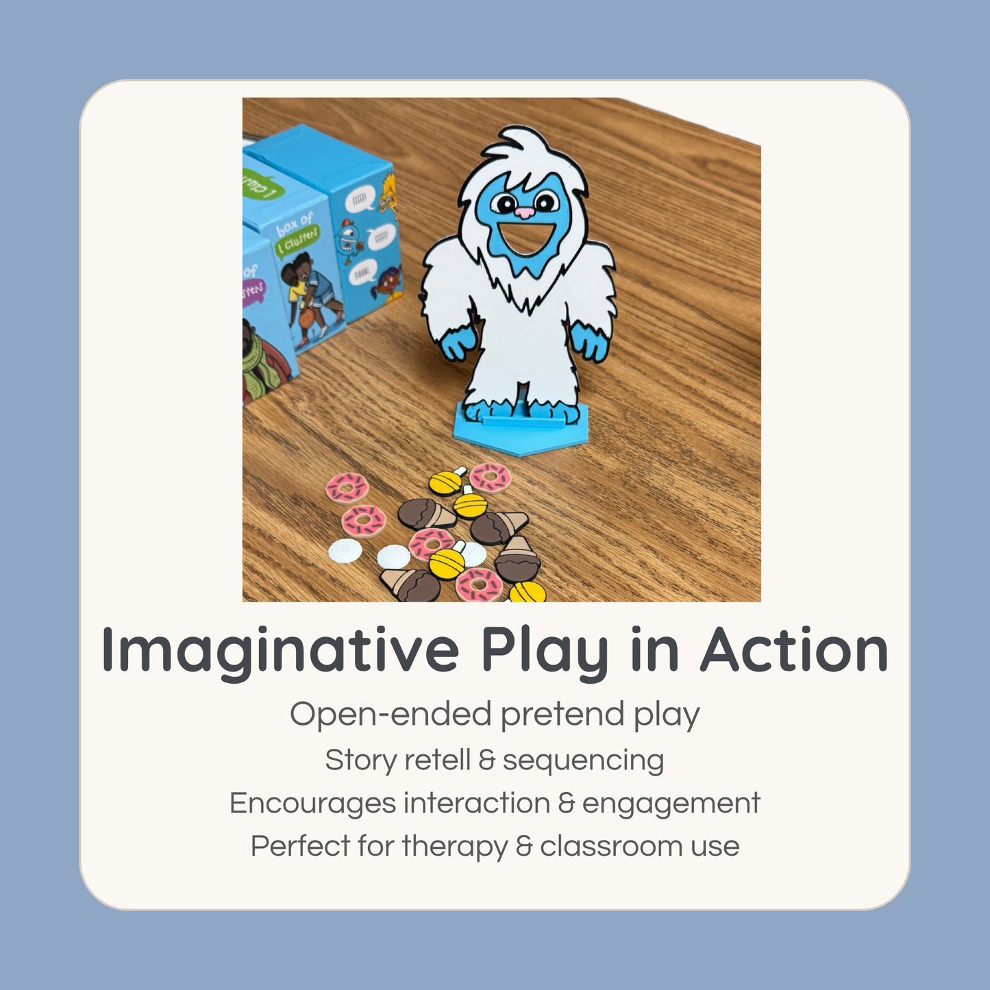 Feed the Yeti game set in use on table with feeding pieces for pretend play and therapy activities
