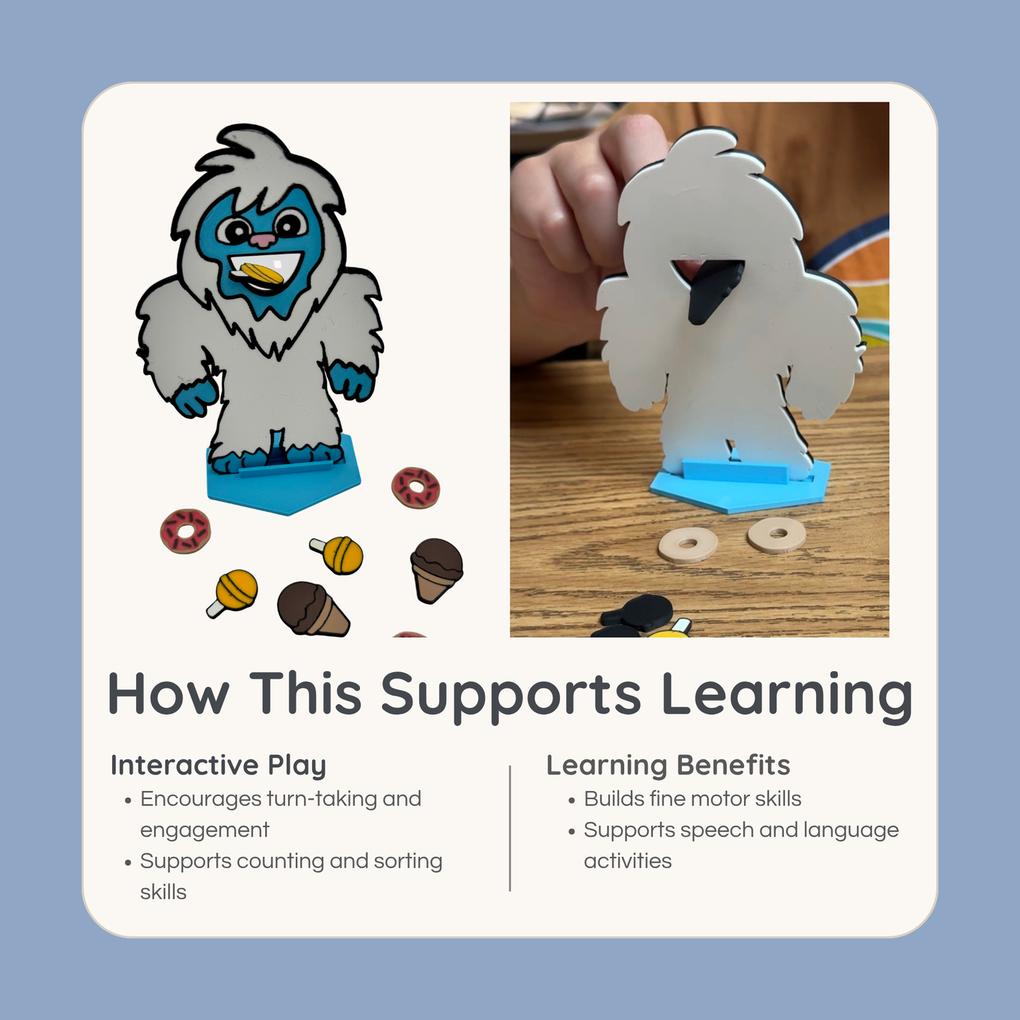 Feed the Yeti fine motor game demonstrating hand use and learning benefits for speech therapy and classroom activities