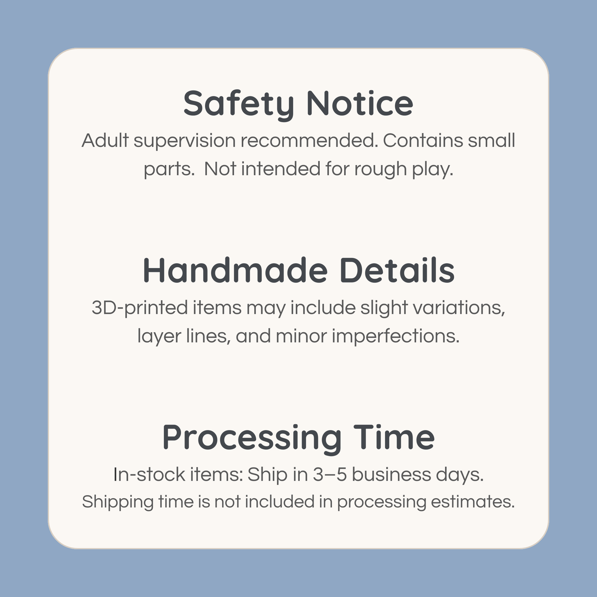 Safety notice and handmade details for 3D printed Feed the Yeti game including processing time information