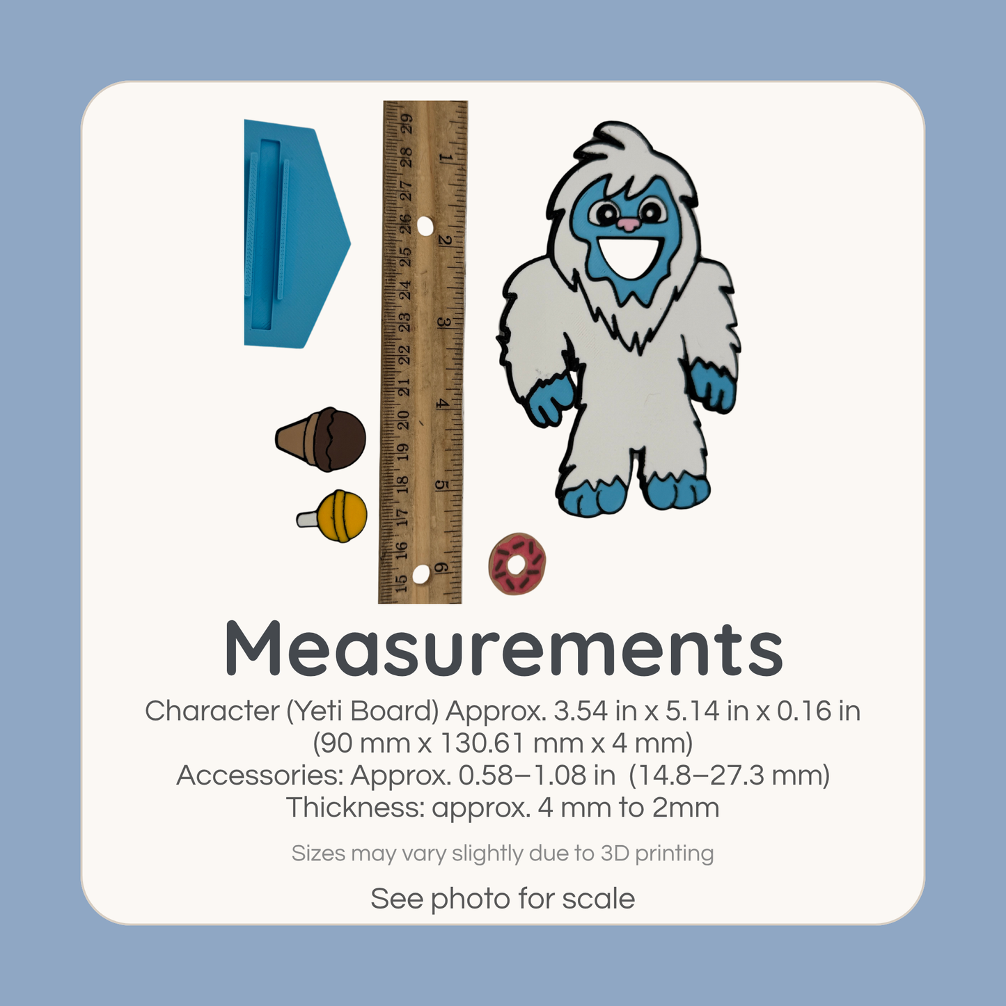 Feed the Yeti game size comparison with ruler showing dimensions of yeti board and feeding pieces