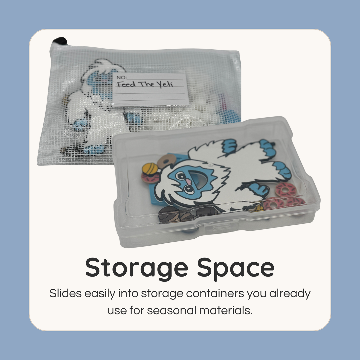 Feed the Yeti game stored in labeled container showing organization and storage solution