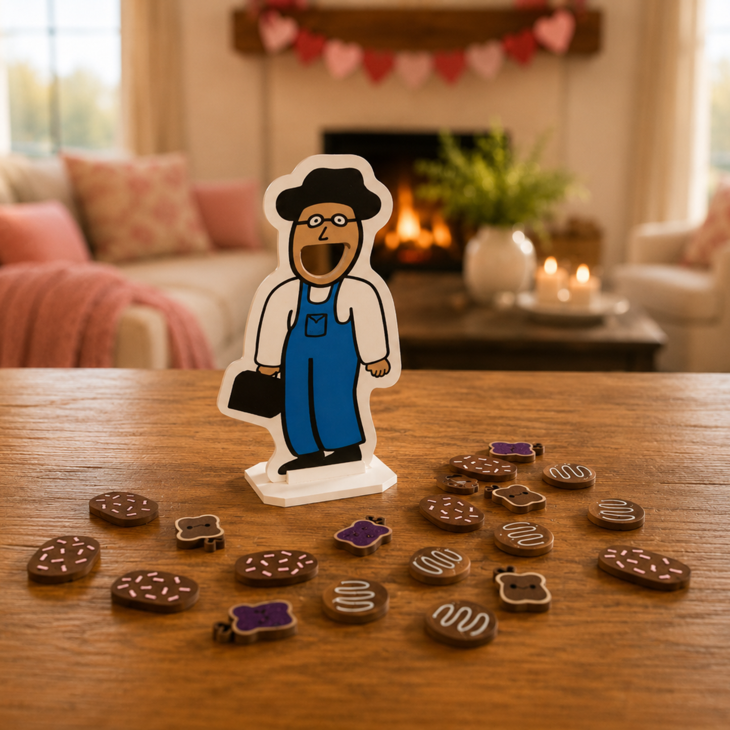 Feed the Friendly Neighbor speech therapy game with Valentine chocolates and peanut butter jelly sandwiches on a cozy table for language development, pretend play and preschool learning