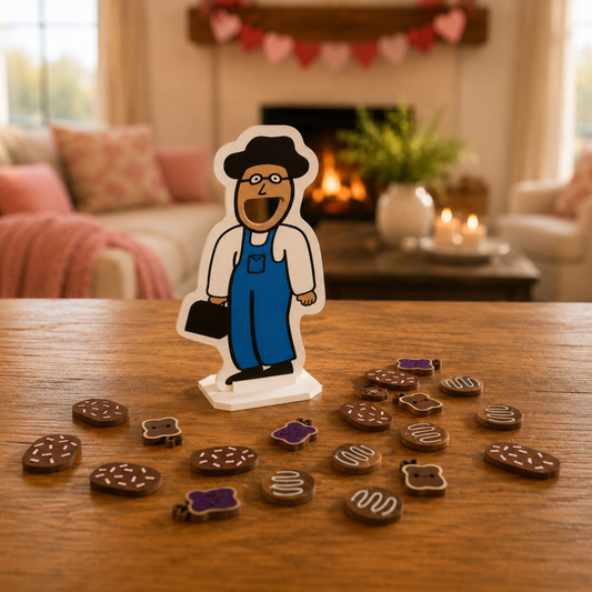 Feed the Friendly Neighbor speech therapy game with Valentine chocolates and peanut butter jelly sandwiches on a cozy table for language development, pretend play and preschool learning