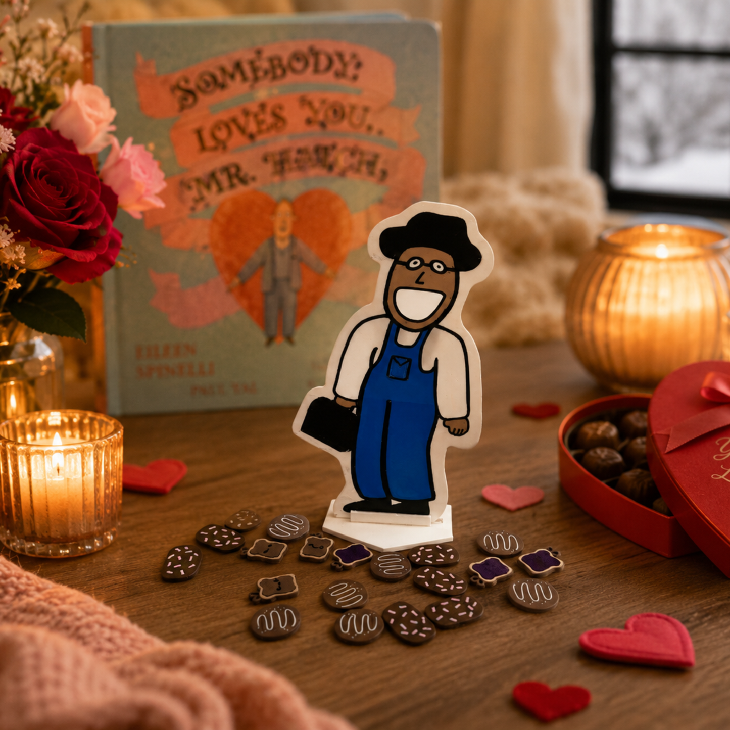 Feed the Friendly Neighbor Valentine's speech therapy game displayed with Somebody Loves You Mr. Hatch book in a cozy storybook scene