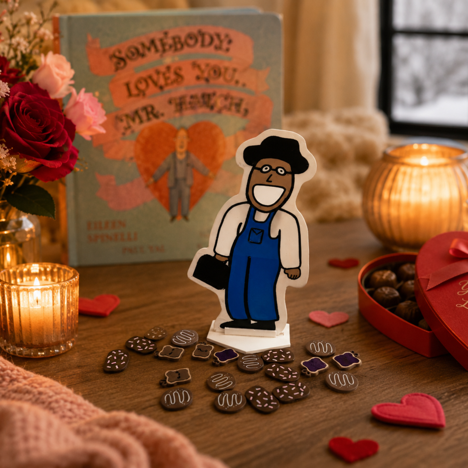 Feed the Friendly Neighbor Valentine's speech therapy game displayed with Somebody Loves You Mr. Hatch book in a cozy storybook scene