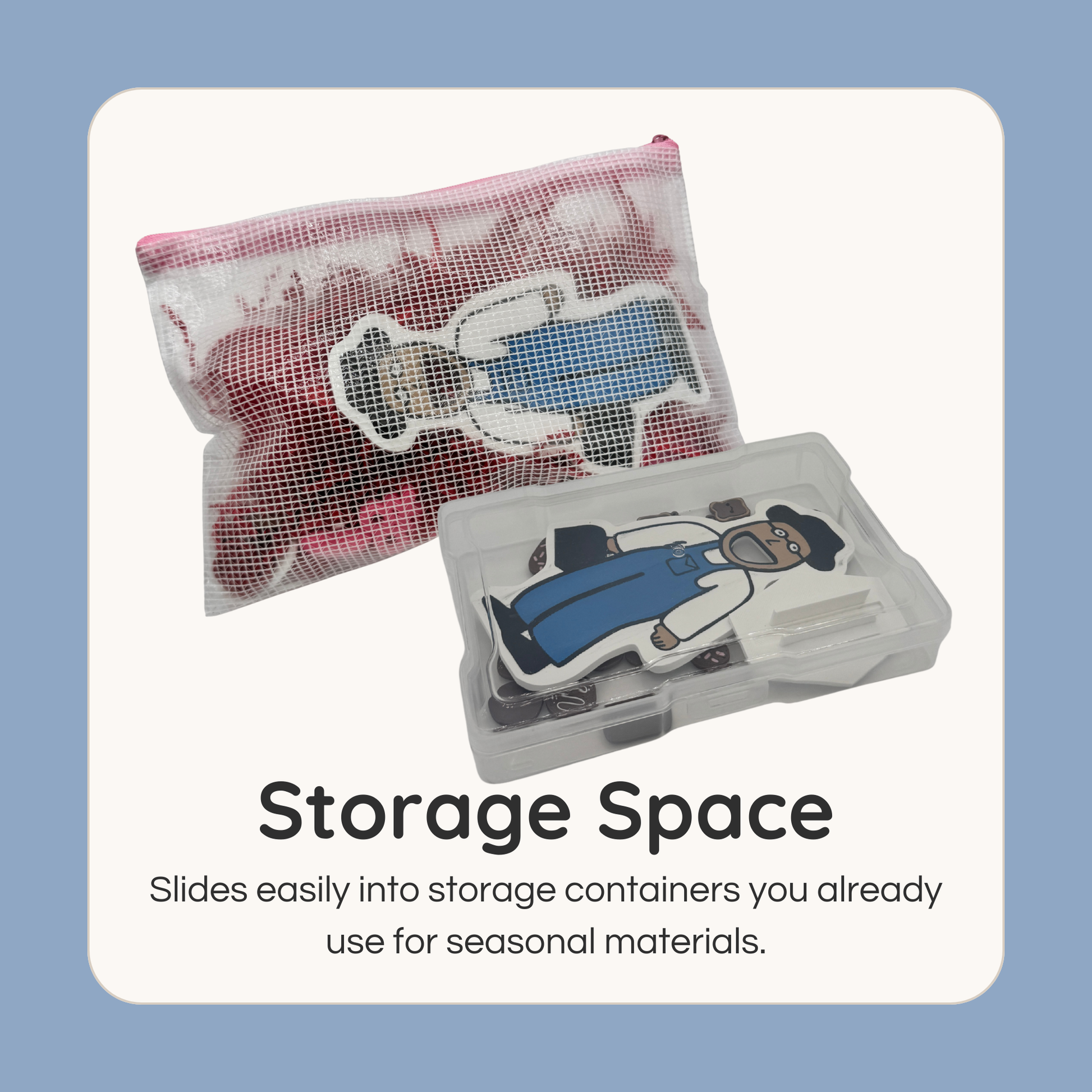 Friendly Neighbor feeding game stored in container showing organization and easy storage solution