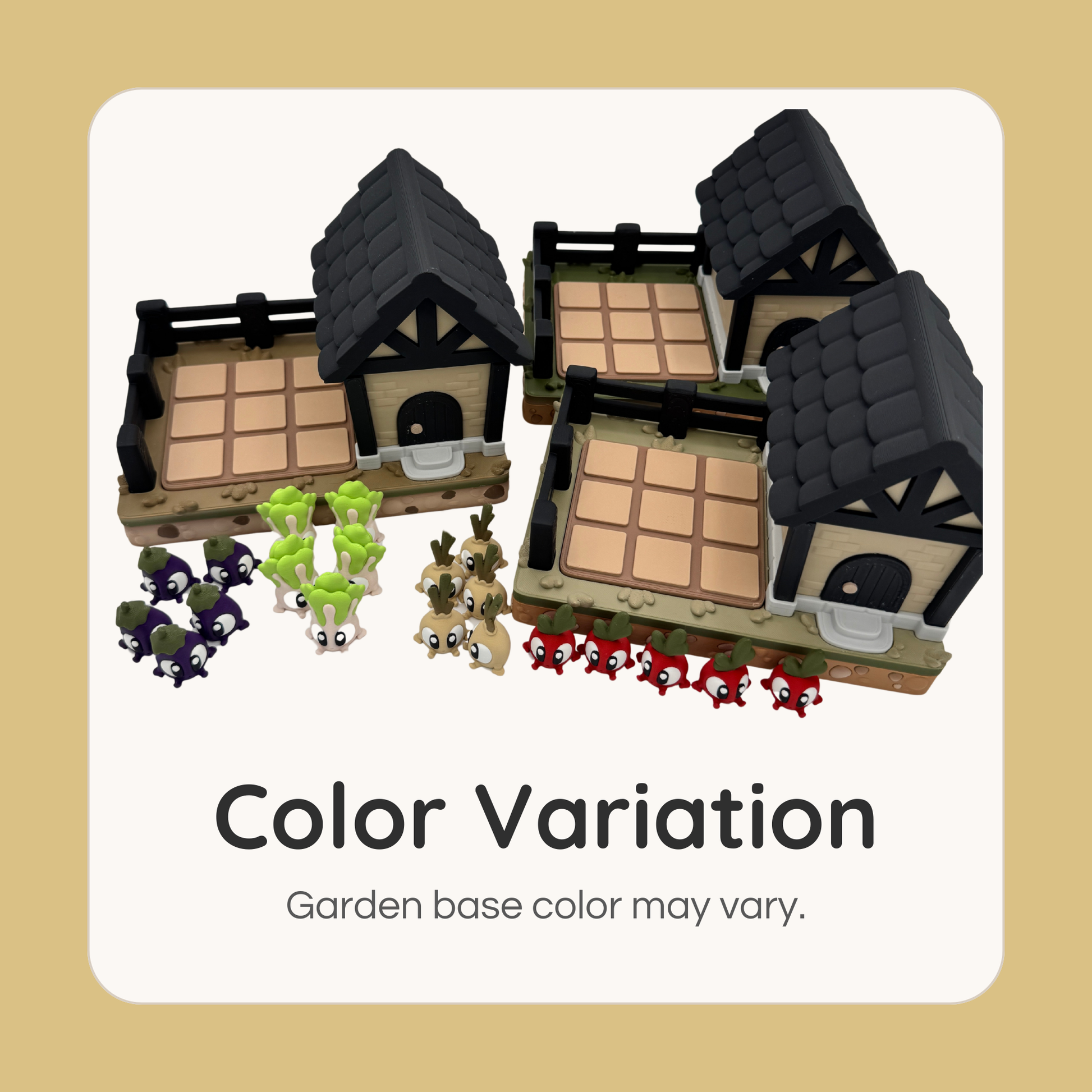 Different color variations of garden tic tac toe base and miniature vegetable pieces