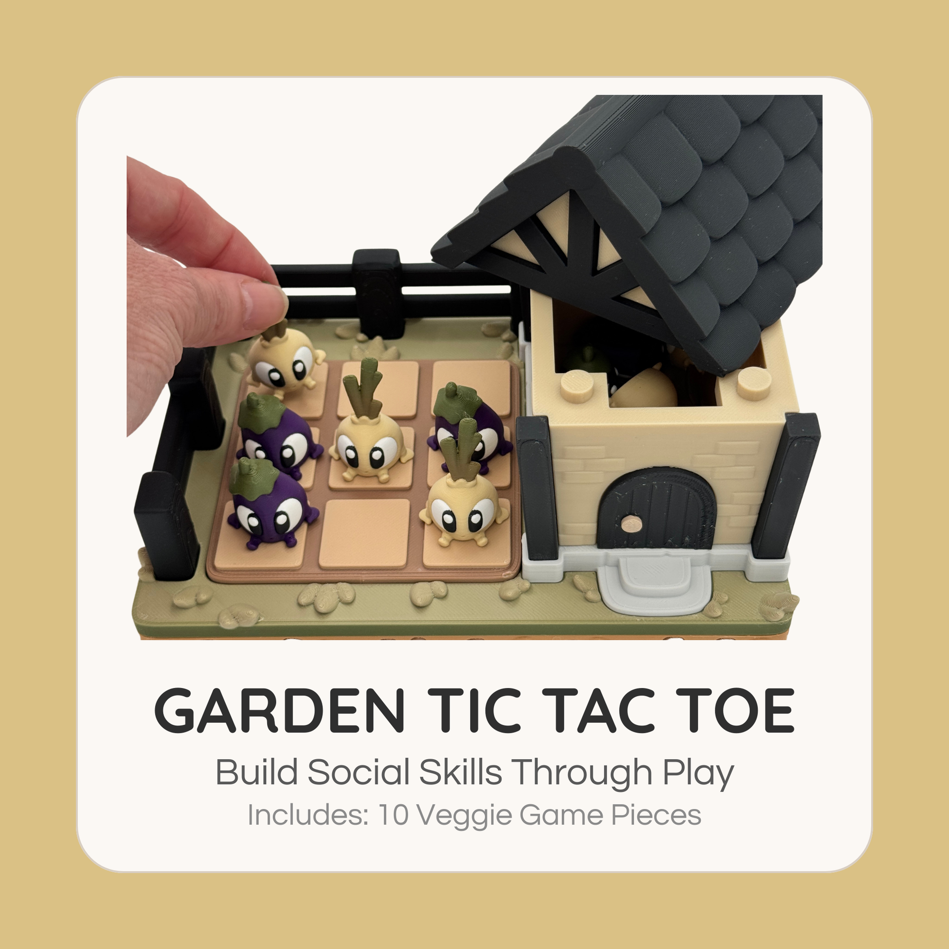Garden tic tac toe game set with miniature vegetables and shed, fine motor and social skills activity