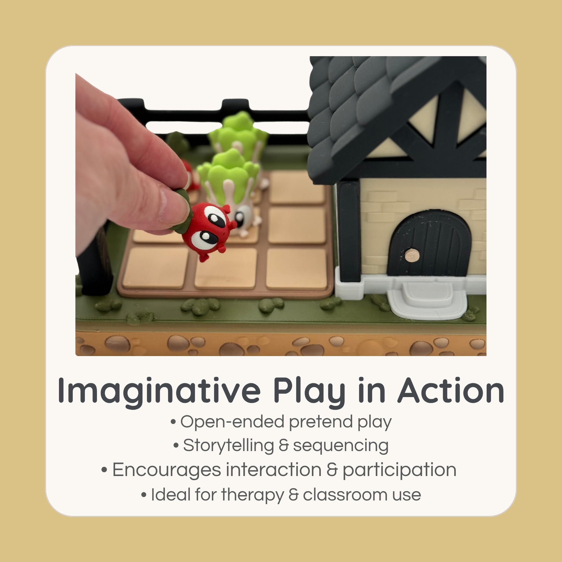 Child placing vegetable piece on garden tic tac toe board during imaginative play activity