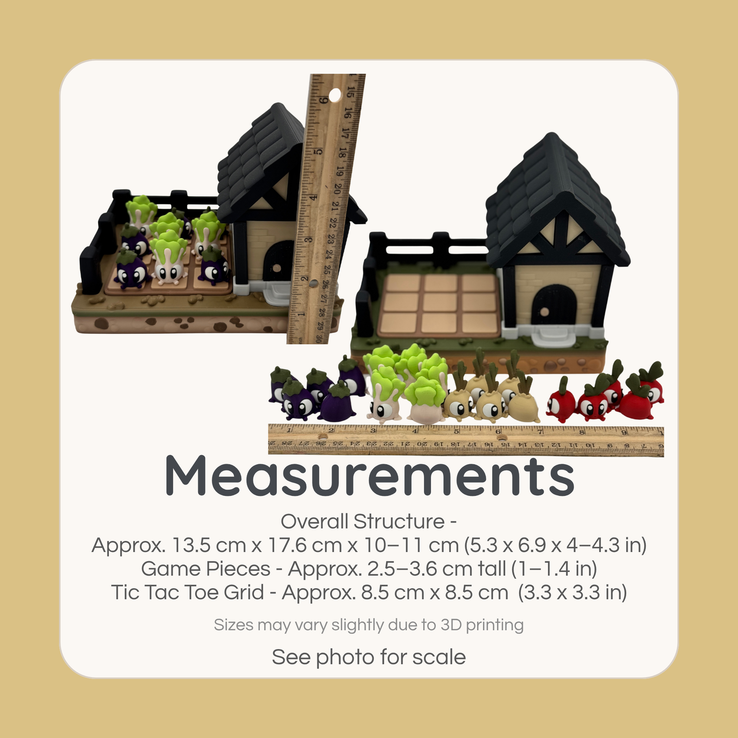 Size and measurements of garden tic tac toe board, vegetables, and shed structure