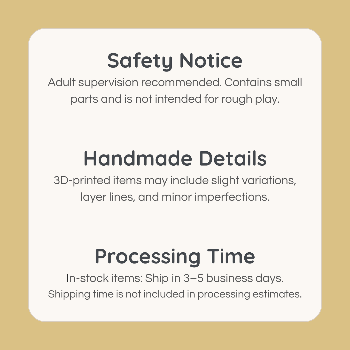 Safety notice and handmade details for 3D printed garden tic tac toe miniature set