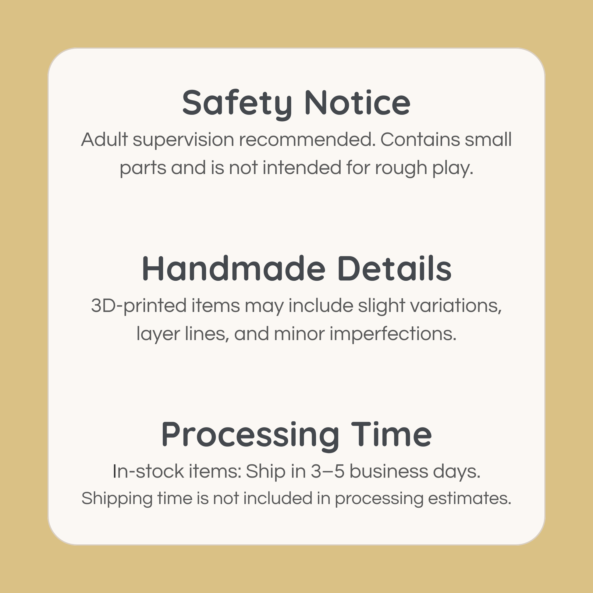 Safety notice and handmade details for 3D printed garden tic tac toe miniature set