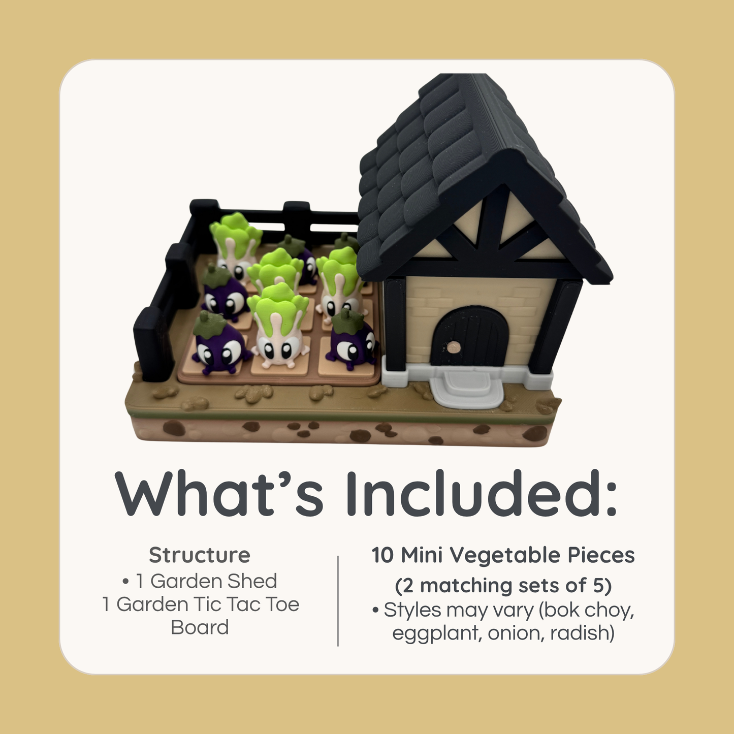 Garden tic tac toe set with shed, board, and 10 vegetable game pieces included