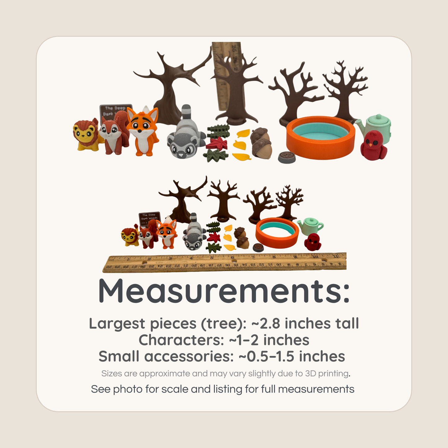 Size reference of lemur miniatures with measurements in inches and millimeters for scale