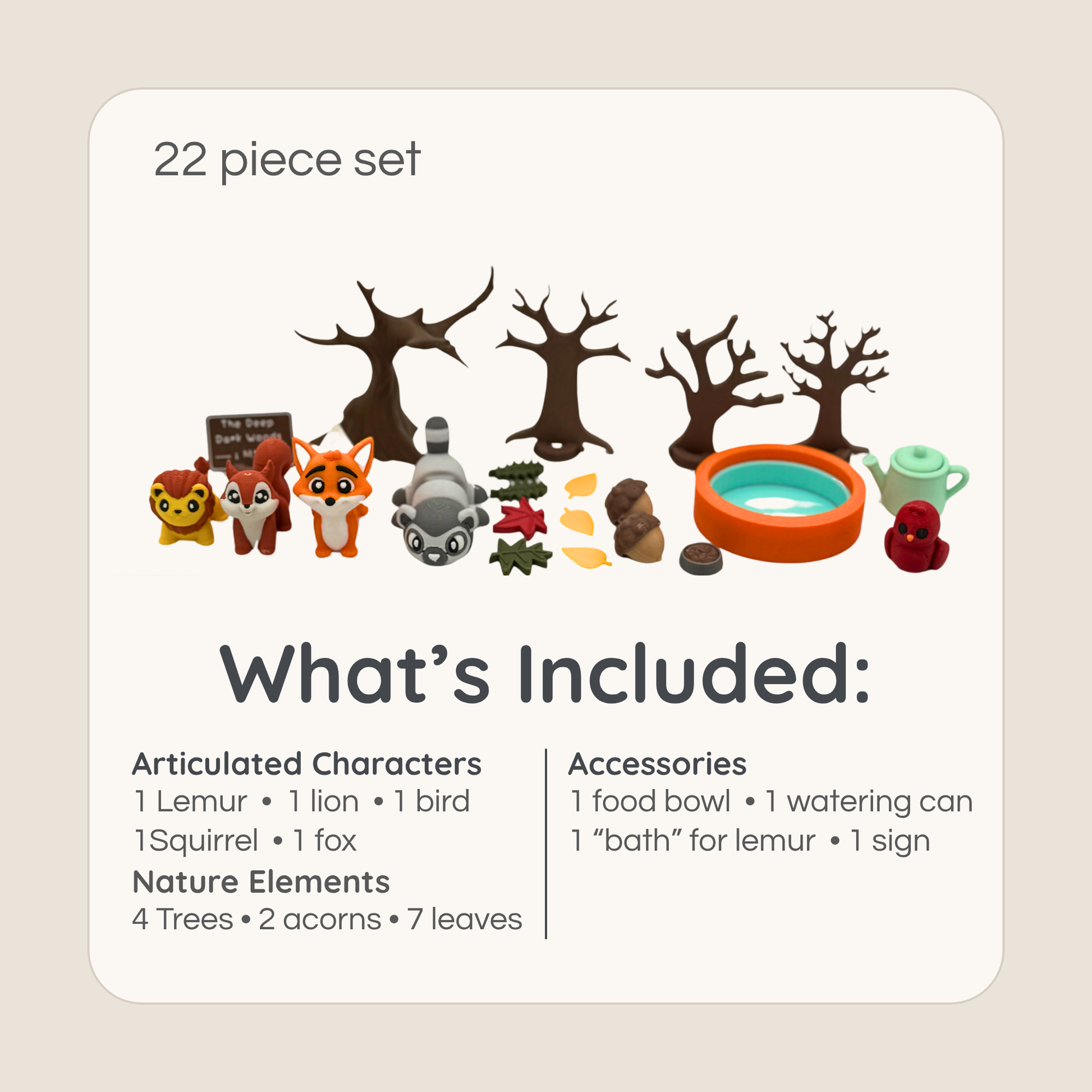 22 piece lemur storybook set including characters, trees, leaves, and play accessories