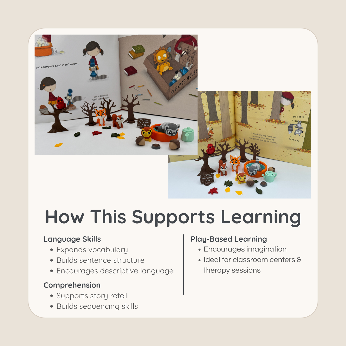 Storybook miniature set supporting vocabulary, sequencing, and language development through play