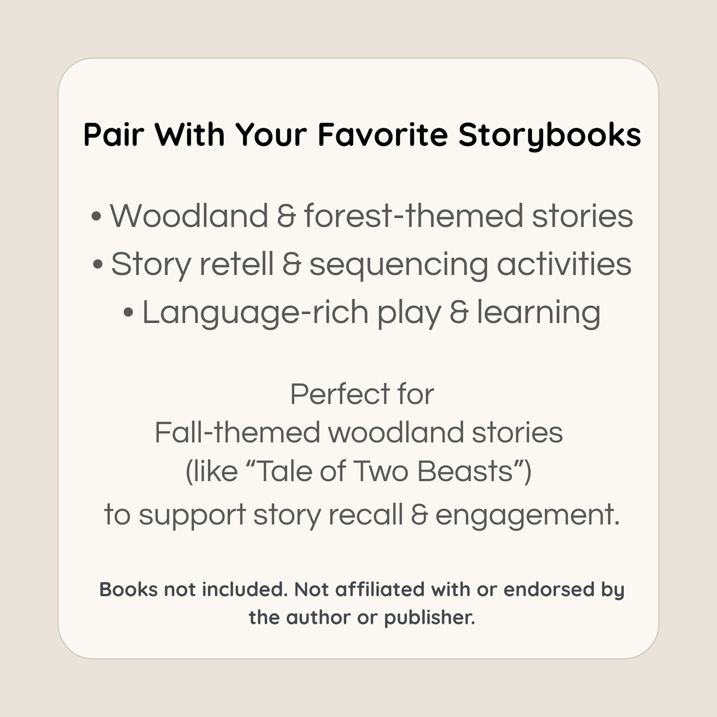 Woodland themed miniatures paired with storybooks for story retell and language rich play