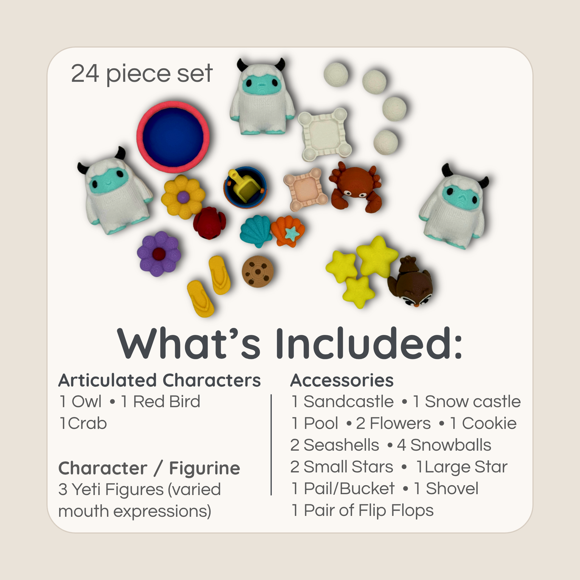 Yeti and friends miniature set showing all included figures and accessories