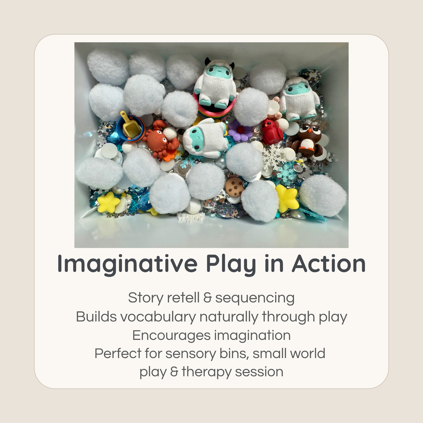 3D printed yeti and animal miniatures used in a sensory bin for imaginative play and storytelling