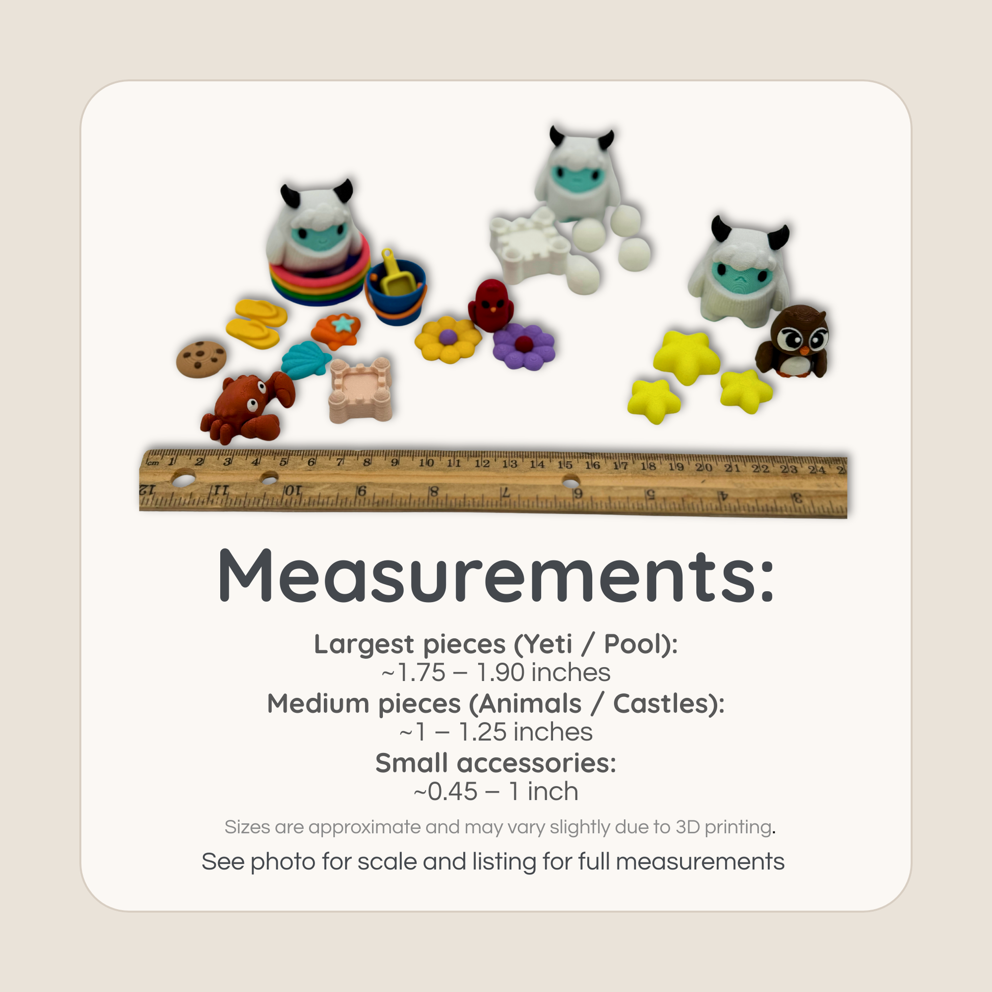 Size reference of yeti miniature figures and accessories with ruler for scale